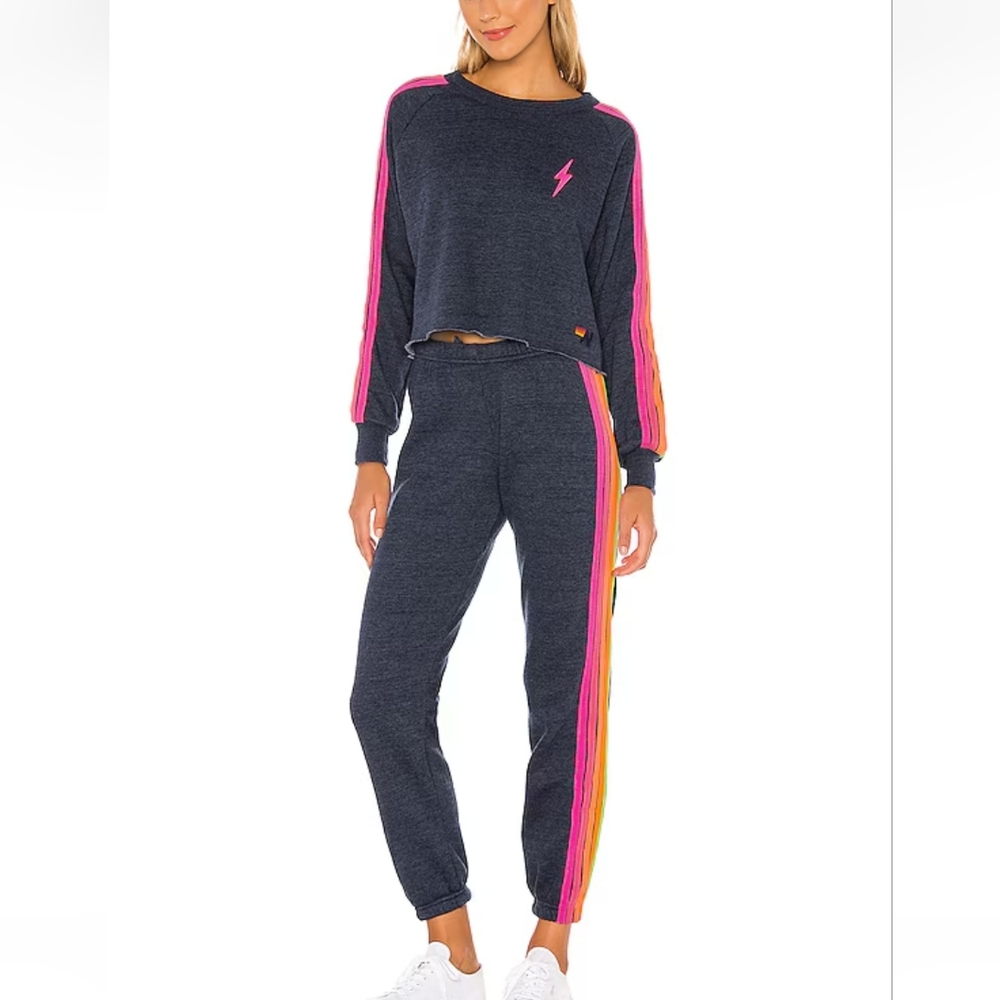Aviator Nation Navy Sweatshirt with Pink & Orange Stripe Accents